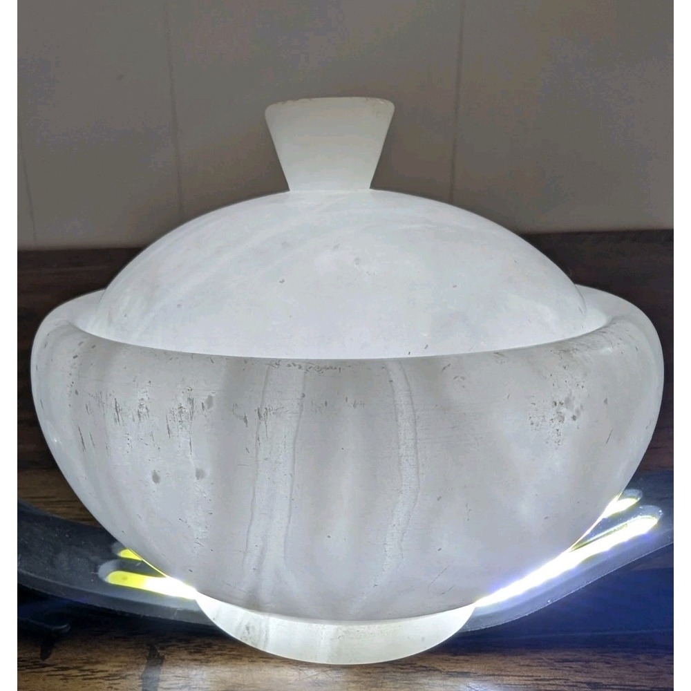 Vintage Alabaster Natural Stone Lidded Dish bowl Jar 4" x 4.5" Italy Art Deco